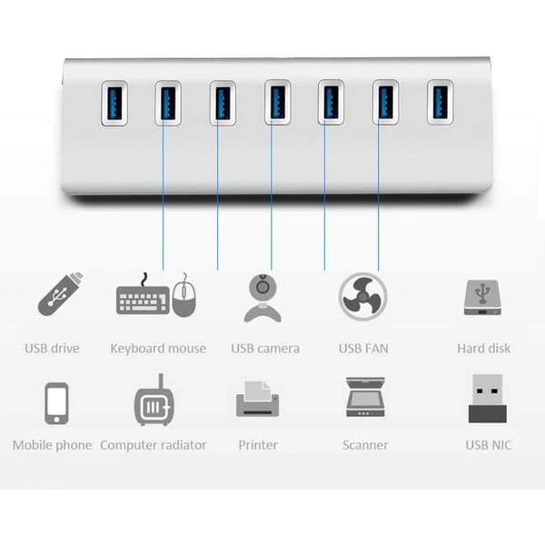 Aluminium USB 3.0-hub, 7 superhurtige USB 3.0-dataportar, kompatibel