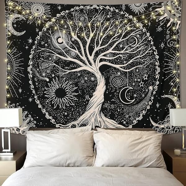 Livets træ vægtæppe Måne og Sol (150x200cm) Sort Psykedelisk