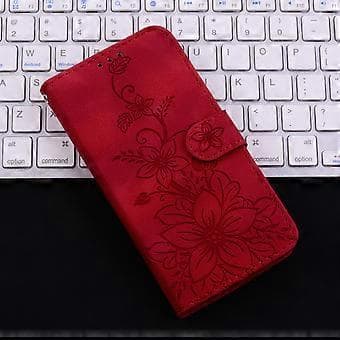 Compatible with iPhone SE 2020 Embossed Lily Wallet Case with Card Holder PU Leather Flip Case - Red Red