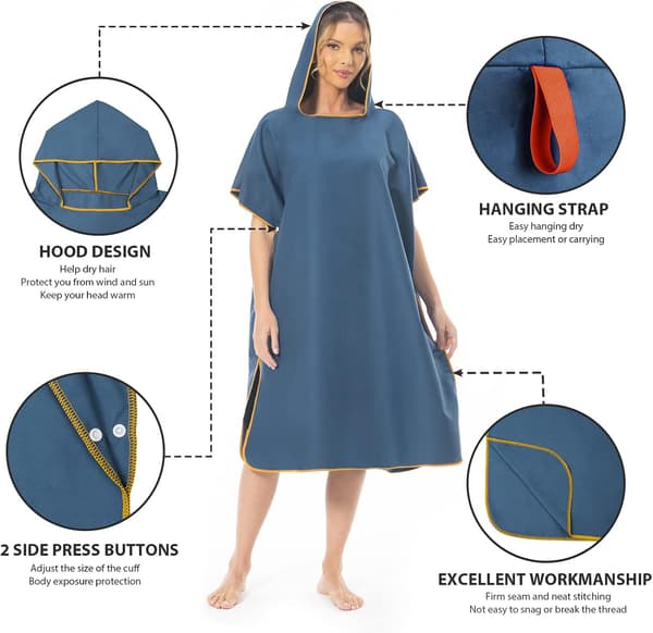 Hurtigtørkende mikrofiberponcho med hette for strand og surfing