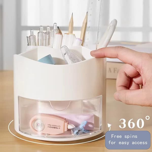 Drejelig penholder 360 grader med skuffe, 5 rum skrivebord fast kosmetisk makeup børsteholder