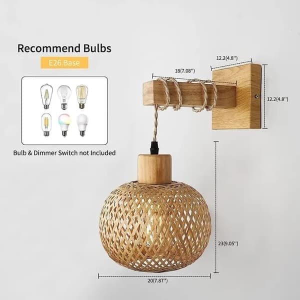 Bamboo Wall Lamp Lantern Shape, Hand-Woven Lampshade, E26 Socket, Suitable for Bedroom and Living Room