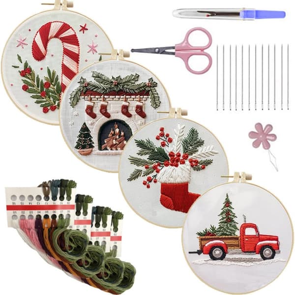 Christmas Embroidery Kit, with Pattern, Cotton Thread, Thread, Needle and Instruction Manual, DIY Cross Stitch Kit for Beginners (4 pcs B)