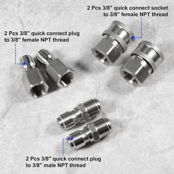 6-pack trycktvättslangadapter med 9,5 mm han- och honkopplingar i rostfritt stål för vardagliga högtryckstvättar, 5000 PSI