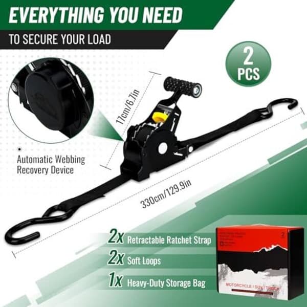 Retractable Ratchet Straps 2-Pack 680 kg Breaking Strength 3.3 m with S-Hooks for Motorcycle Kayak Truck