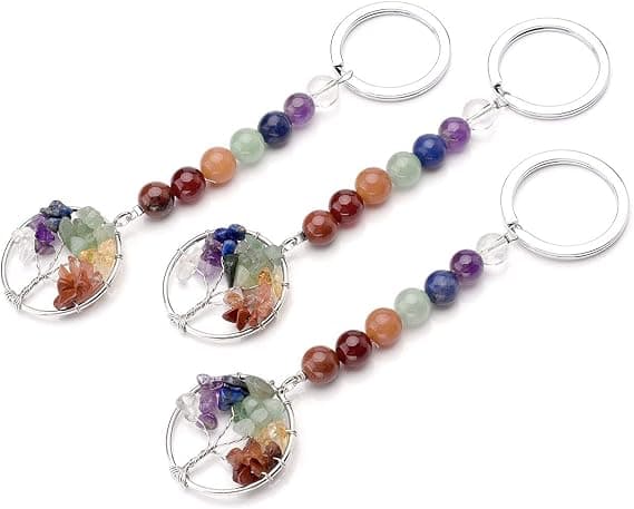 Gemstone nøglering - Krystal nøglering Reiki Healing Chakraer Livets Træ Charm (Farverig)