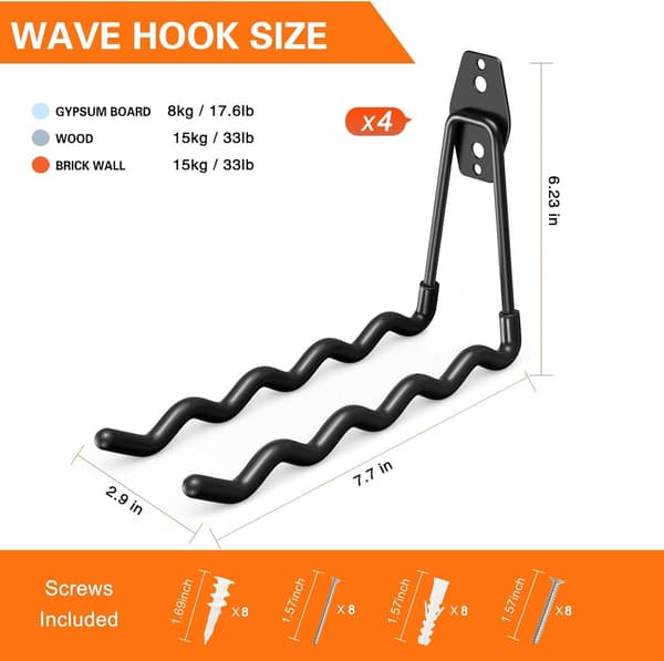 4 Pieces - Heavy Duty Garage Hooks - Wavy Long Hooks - Wall Mounted Storage Rack