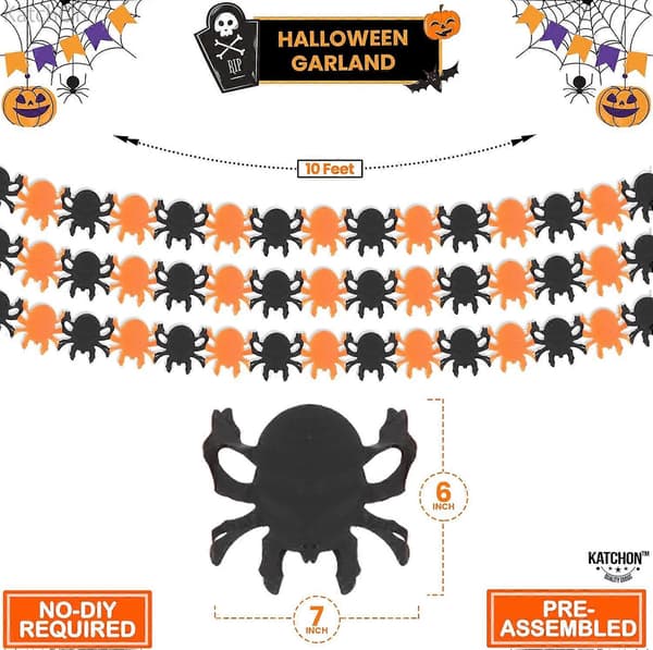 Overdimensjonert Halloween Edderkoppkrans - 3 Meter, Ingen Montering Kreves | Oransje og Svart Halloween Kransdekorasjon | Halloween Edderkoppdekorasjon