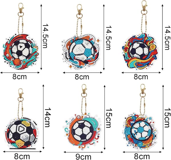 6 stk DIY 5D Farverig Fodbold Diamantmaleri Nøglering Sæt D