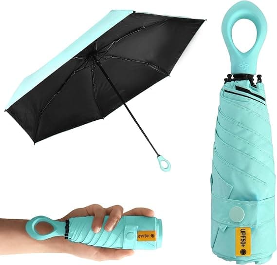 Mini Folding Umbrella, Creative Ring Handle, Wind and UV Resistant Ultralight Umbrella, Foldable and Sturdy, Sun and Wind Protection Peacock Blue Peacock Blue