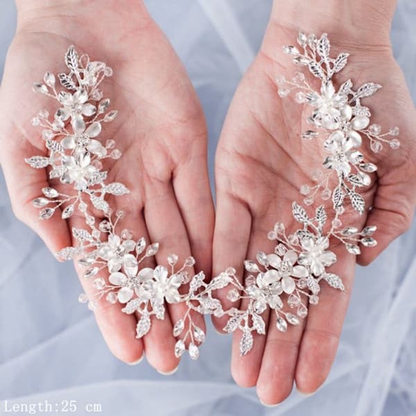 Sølv#C Bryllup Krystal Hår Ranker Blomst Blade Hårtilbehør Bryllup