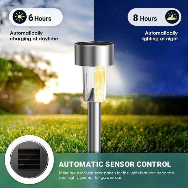 Sett med 12 utendørs solcellelamper LED varmhvit IP65 – for nedstikking, rustfritt stål/ABS, 8 timers driftstid