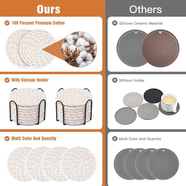 Drink Coasters with Holder, 8-Pack Cotton Coasters for Table Protection, Home Decor, Glasses, Cups, Housewarming Gift