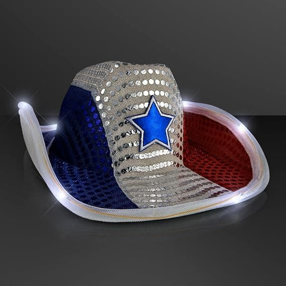 Rød Hvid Blå Paillet LED Cowboyhat med Hvid LED-Skygge