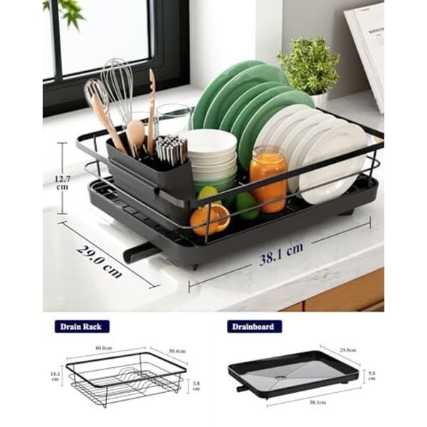 Kitchen Dish Drying Rack - Compact and Space-Saving Dish Rack, Stainless Steel Dish Rack with Cutlery Holder, 29.0 x 38.1 x 12.7 cm, Black