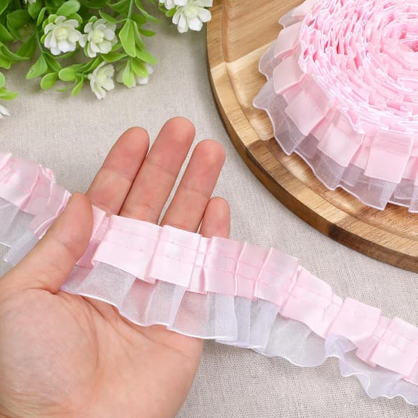 Pink blondebånd, 2-lags flæsekant til kostume (4,5 cm x 5,5 yard) Pink
