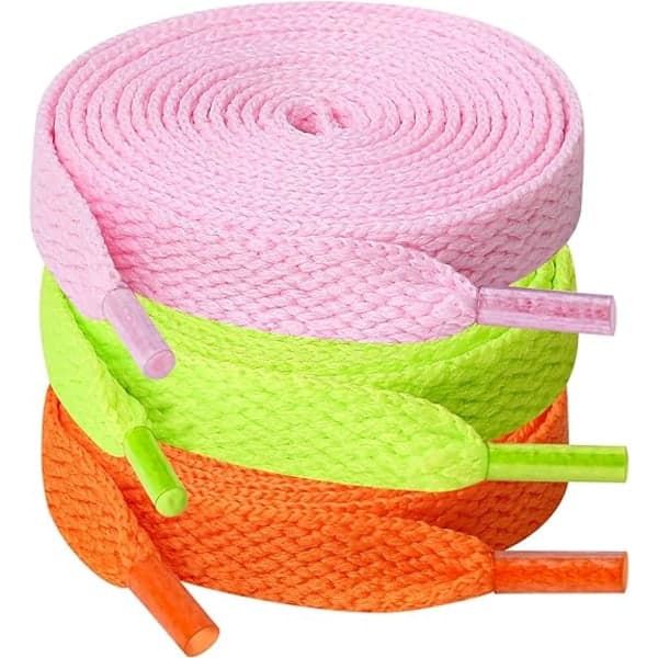 3 par orange/pink/grønne snørebånd, 8 mm brede flade snørebånd til