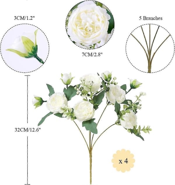 4 bunter kunstige pioner, hvite blomster, silkepioner