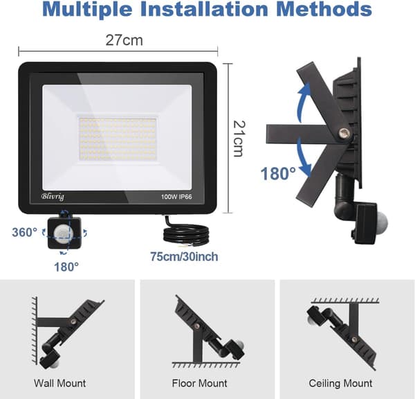 100W Utomhus Rörelsesensor LED Strålkastare 10000LM IP66 Vattentät för Trädgård (6000K)[JUN]