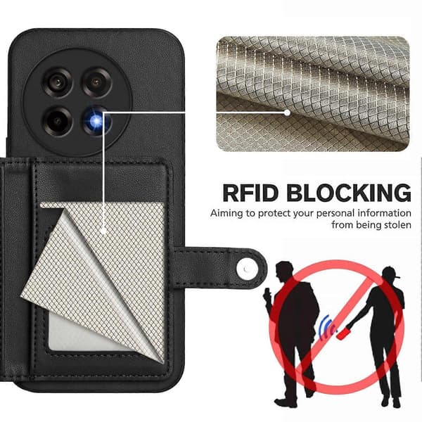 Etui til OnePlus 13R 5G med kortholder, støtte, TPU + PU læder telefoncover (sort)