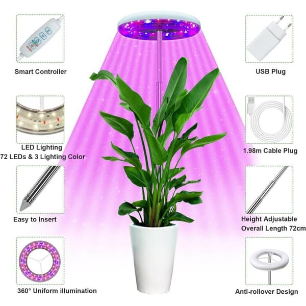 Full Spectrum Grow Light with 72 LEDs, Adjustable Height, 3 Modes, 10 Brightness Levels, Ideal for Seedlings and Succulents
