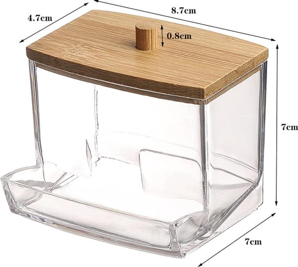 Akryl Q-Tip Holder med Bambuslokk, Klar Bomullspinne Dispenser for Baderomsbenk