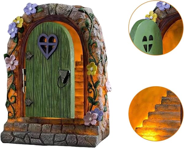 Miniatyr eventyrhage-gnomehusdør med solcelledrevne LED-lys