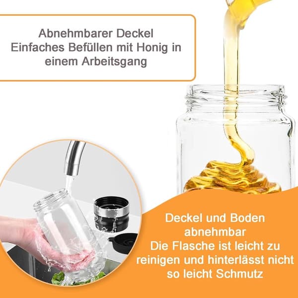 Allecto Premium - Drip-free Glass Honey Dispenser with Press Function, 350 ml with Handle - Transparent Glass