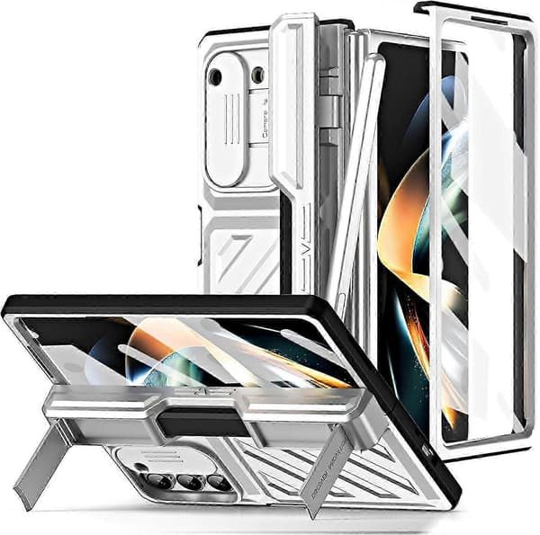 Compatible with Samsung Galaxy Z Fold 6 Case with Front Screen Protector, Strong and Sturdy Shockproof Case with Stand and S Pen Holder[LD] Silver Silver