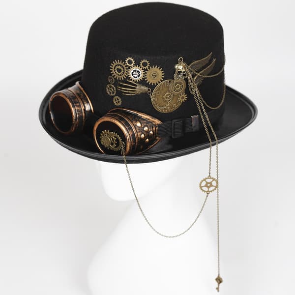 Steampunk flosshatt med tannhjul, gotiske briller, retro tung industrihatt, hodeplagg