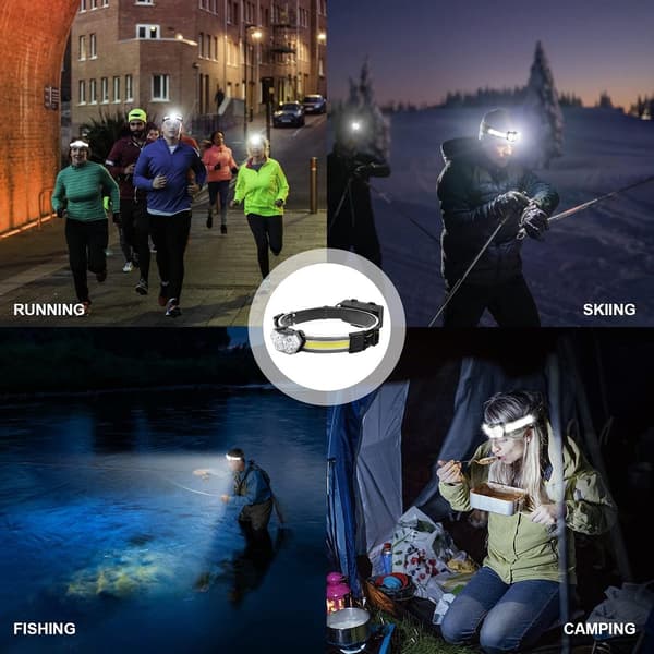 Oppladbar LED-hodelykt 270° bred stråle COB-hodelykt med rødt baklys, 8 moduser vanntett hodelykt for camping, løping, fotturer