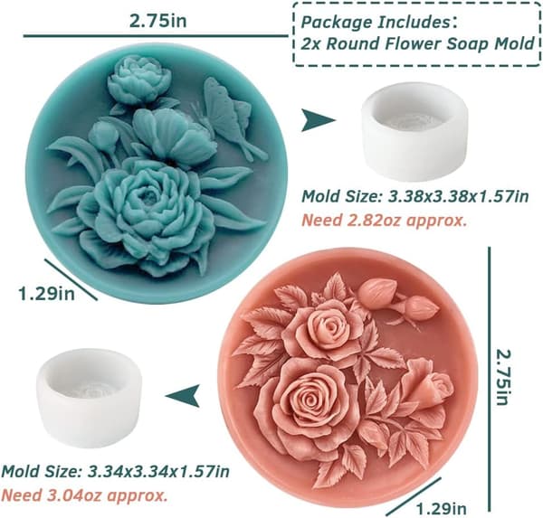2 stk. runde blomsterforme til sæbefremstilling, roseharpiks lysform silikone, badebombe lotion bar silikoneform, 3D-form til sæbe lys bivoks ma