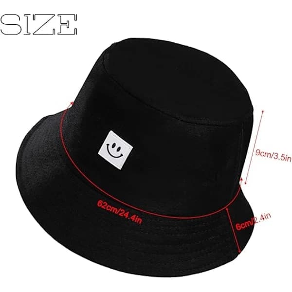 Bomuldshat med foldbar kant, sød smiley-fiskerhat til ferie, shopping, vandring, sort