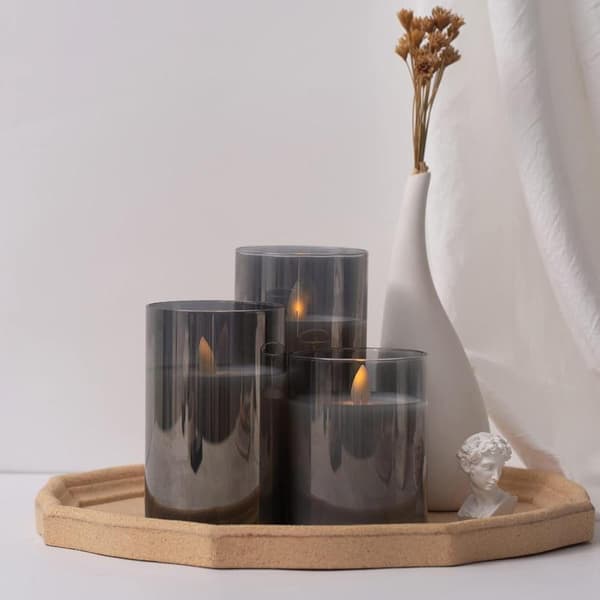 3 Flammefrie Lys 10-15cm Elektriske Lys Grå Glas Søjler