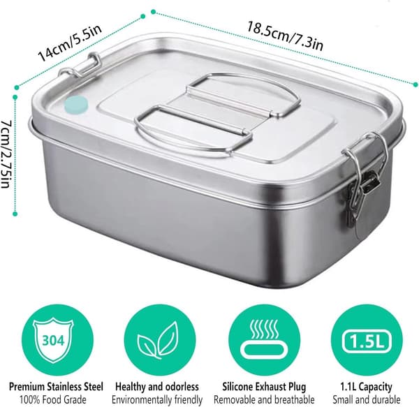 Stainless Steel Lunch Box 1100ml, Leakproof 2-Compartment Bento Container with Removable Divider, for School, Office, Travel, Silver
