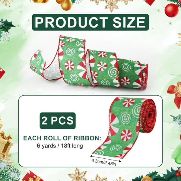 Ruller Trådbundet Julebånd (Grøn Baggrund), 2,5\" Bred Mint C