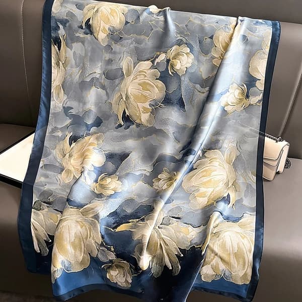 Ekstra Stor Silkeagtig Blød Blomstret Sjal/Tørklæde, 180x90 cm, Polyestersjal, Blækmaleri Åkandedesign