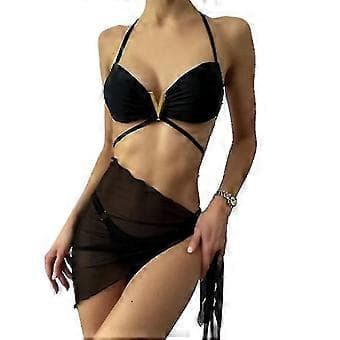 Dame Wrap Trekant Bikini Badedrakt med Mesh Strandskjørt 3-delt Badedrakt V (S)