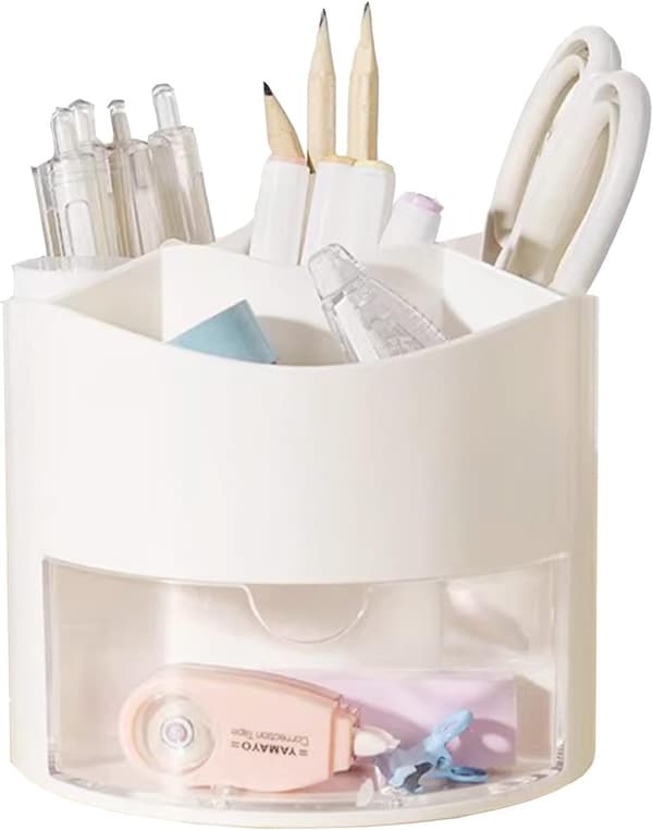 Drejelig penholder 360 grader med skuffe, 5 rum skrivebord fast kosmetisk makeup børsteholder