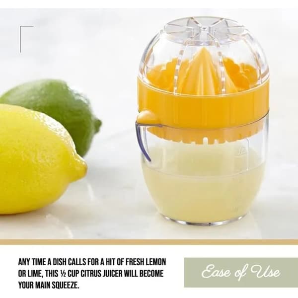 Lemon Squeezer with Built-in Strainer, 1/2 Cup Capacity, Graduated Container, Pour Spout, BPA-Free