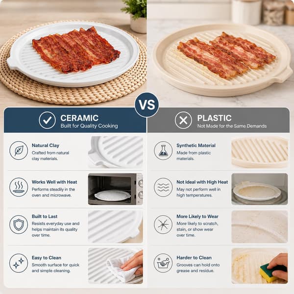 Microwave Bacon Tray with Lid Ceramic Bacon Cooker Meat Rack for Oven Cooking Crispy Bacon Maker with Lid - 11 Inch Round Bacon Dish