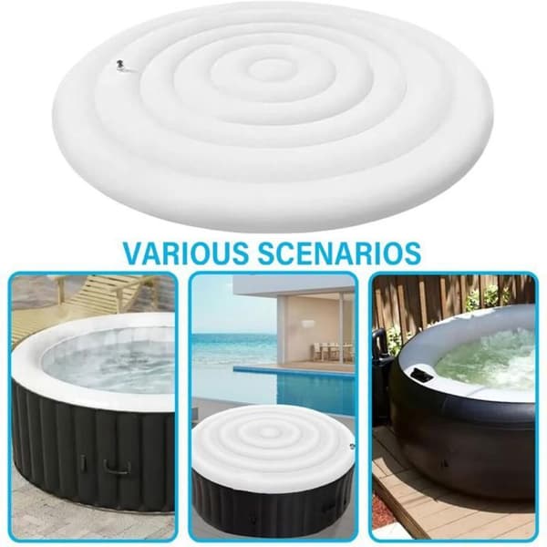 Inflatable spa cover (160 cm, round); easy inflation/deflation valve; windproof, waterproof, snow-resistant, and insulated.