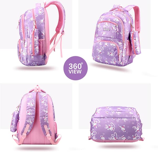 Elementary School Backpack Two-Piece Lightweight Breathable Waterproof Backpack Girls School Bag With Storage Bag Purple