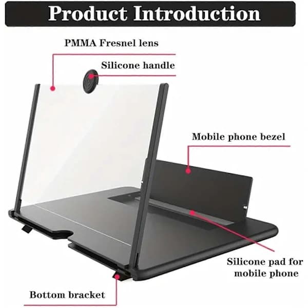 Phone Screen Magnifier, Foldable HD Smartphone Screen Magnifier with Portable Stand for Home and Travel, Black