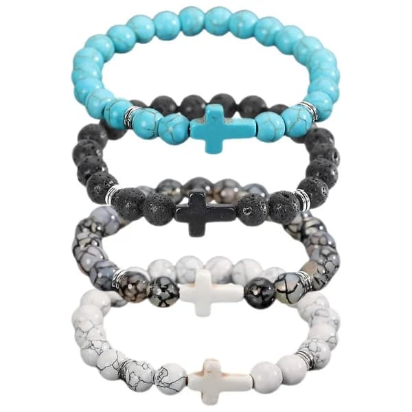 4 stk. Korsarmbånd Herre Dame Armbånd Steinperler Stretcharmbånd