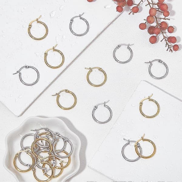 12 par 2 farver 201 rustfrit stål ringøreringe til kvinder med 304 rustfri stålstifter blandet farve 18,5~19,5x2mm stift: 0,6mm
