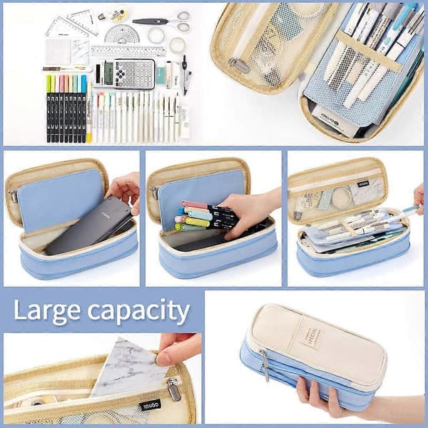 Large Capacity Pencil Case, Storage Bag for Students, Girls, Adults, Office, College, School - Light Blue