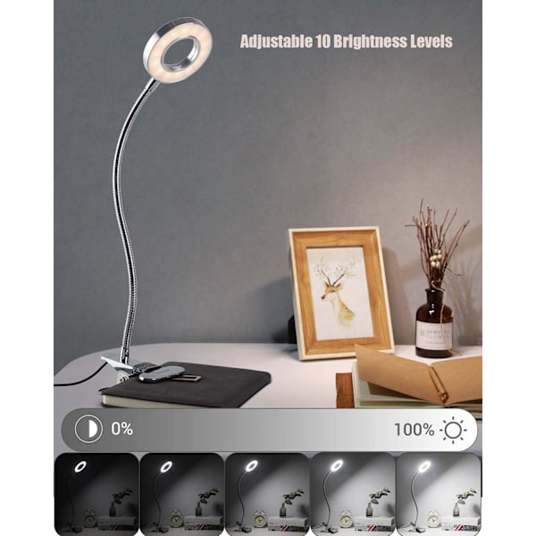LED Læselampe, 3 Tilstande 10 Dæmpningsniveauer, Fleksibel Klemspot