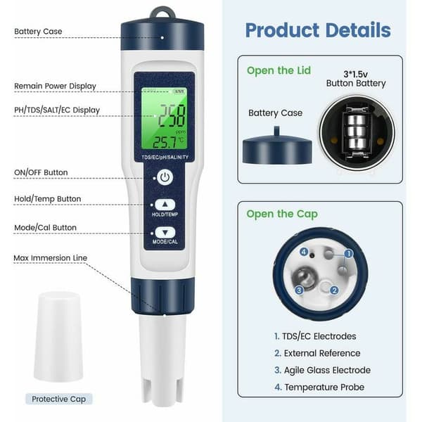 PH TDS-måler, 5 i 1 Vandkvalitetstester PH/TDS/EC/SEL/Temperatur TDS-måler LCD med Grøn Baggrundsbelysning til Pool/Akvarium/Dam