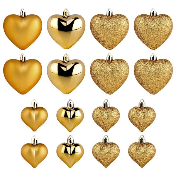Shatterproof Christmas baubles hearts gold 6.5/4.5 cm 16 pcs.